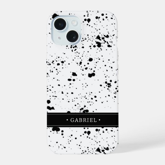 黒の絵を描（ばちゃばちゃ）跳ねるパターン |名前の追加 iPhone 15ケース (裏面)