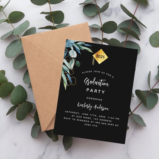 黒の緑の金ゴールドキャップ2025卒業パーティー インビテーションポストカード