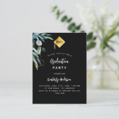 黒の緑の金ゴールドキャップ2025卒業パーティー インビテーションポストカード (スタンド正面)