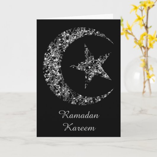 黒の線条細工の三日月形の月そして星 カード (黄色い花)