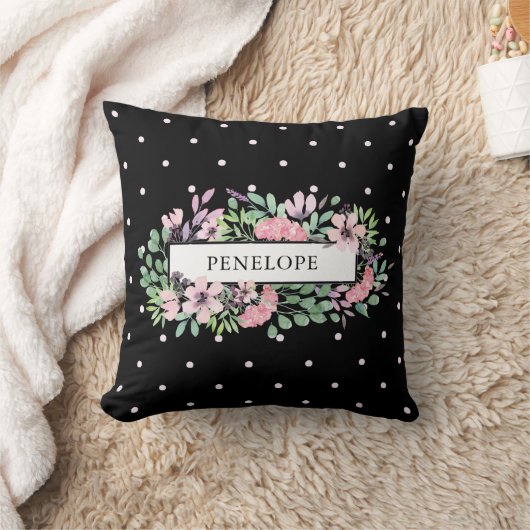 黒の美しい水彩画の花柄|の水玉模様 クッション (ブランケット)