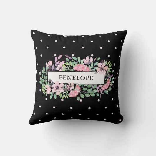 黒の美しい水彩画の花柄|の水玉模様 クッション (裏面)