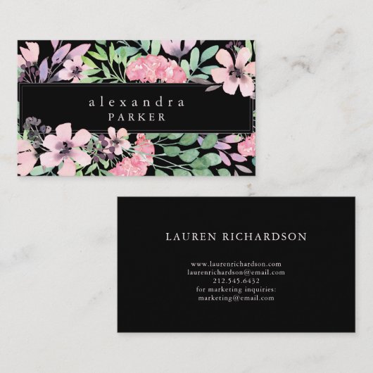 黒の美しい花柄|の水彩画フレーム 名刺 (正面/裏面)