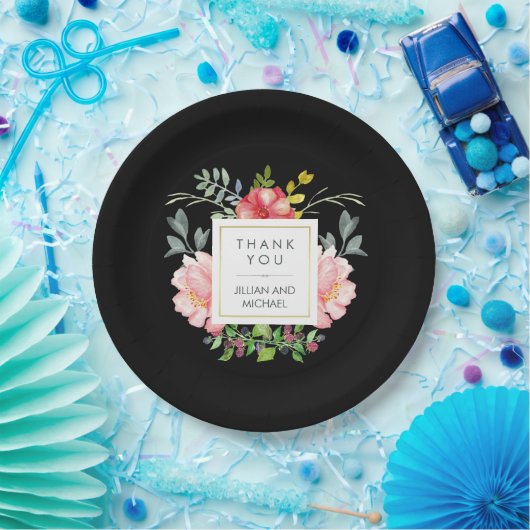 黒の美しくエレガントな水彩画のシャクヤク ペーパープレート (パーティー)