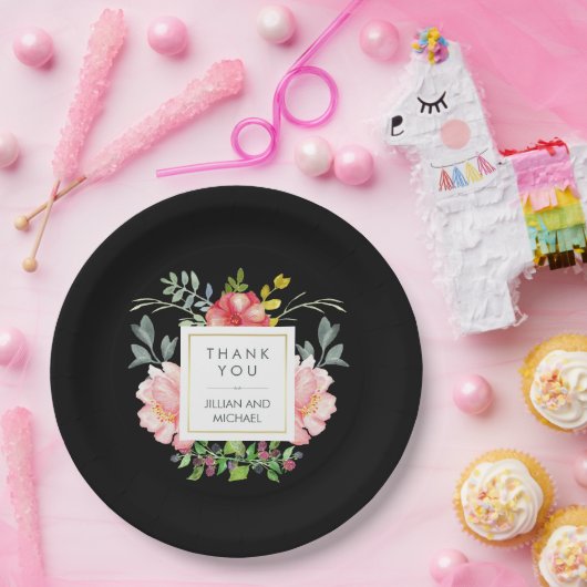 黒の美しくエレガントな水彩画のシャクヤク ペーパープレート (パーティー)