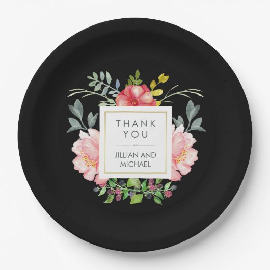 黒の美しくエレガントな水彩画のシャクヤク ペーパープレート (正面)