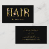 黒の美容師|の金ゴールドの花のタイポグラフィ 名刺 (正面/裏面)