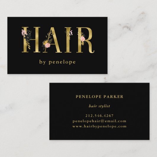 黒の美容師|の金ゴールドの花のタイポグラフィ 名刺 (正面/裏面)