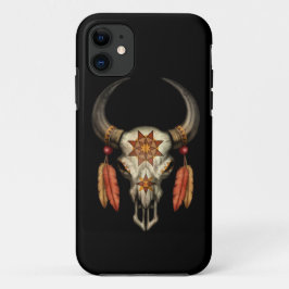 黒の羽が付いているBullの飾られた天然スカル iPhone 11 ケース