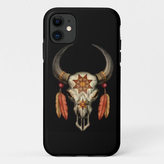 黒の羽が付いているBullの飾られた天然スカル Case-Mate iPhoneケース (裏面)
