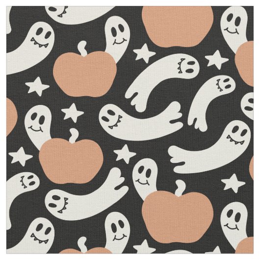 黒の背景にいたずら好きな幽霊とカボチャ - ハロウィンR ファブリック (クローズアップ)