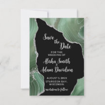 黒の背景にグリーンシルバーグリッターのSave The Dateカード
