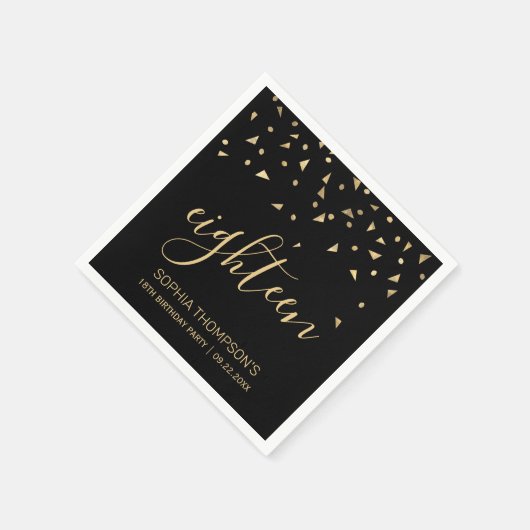 黒の背景にゴールドのコンフェッティの18歳誕生日パーティー スタンダードカクテルナプキン (角)