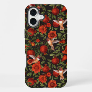 黒の背景にザクロとハチドリ/緑の葉 iPhone 16 PLUSケース