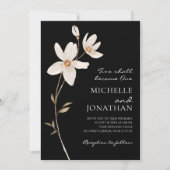 黒の背景にシンプルな白い花のクリスチャン結婚式 招待状 (正面)