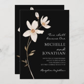黒の背景にシンプルな白い花のクリスチャン結婚式 招待状 (正面/裏面)