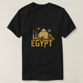 黒の背景に描かれた古代エジプトのランドマーク グラフィックデザイン Tシャツ