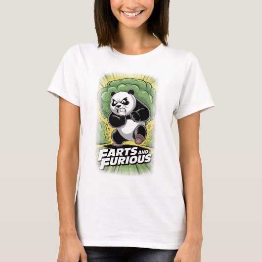 黒の背景に放屁するパンダの面白いデザイン Tシャツ (正面)