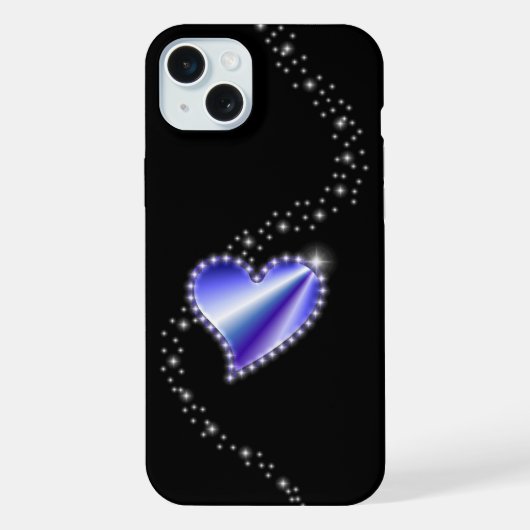 黒の背景に星とともに輝く紫の虹色ハート iPhoneケース (裏面)
