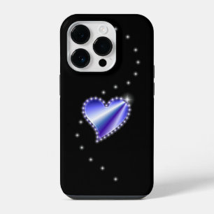 黒の背景に星とともに輝く虹色のハート iPhone 14 PROケース
