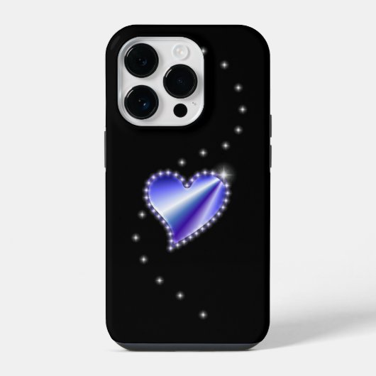 黒の背景に星とともに輝く虹色のハート iPhoneケース (裏面)