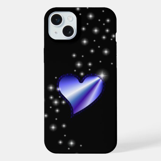 黒の背景に星と紫色の虹のハート iPhoneケース (裏面)
