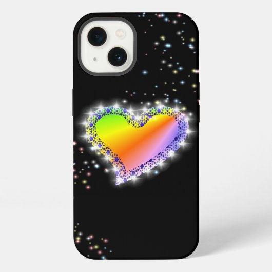 黒の背景に星と虹色のハート iPhoneケース (裏面)