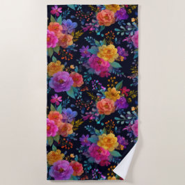黒の背景に映える大胆な花々 クラシカルな華やかさ ビーチタオル