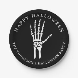 黒の背景に浮かぶスケルトンの手のシルエット ハッピーハロウィン ペーパープレート