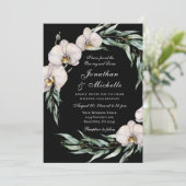 黒の背景に白い蘭の花をあしらった、クリスチャンの結婚式の神聖なデザイン 招待状 (スタンド正面)