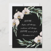 黒の背景に白い蘭の花をあしらった、クリスチャンの結婚式の神聖なデザイン 招待状 (裏面)