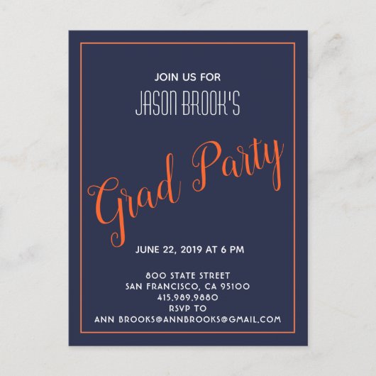黒の背景に白とオレンジの卒業パーティー 案内ポストカード (正面)