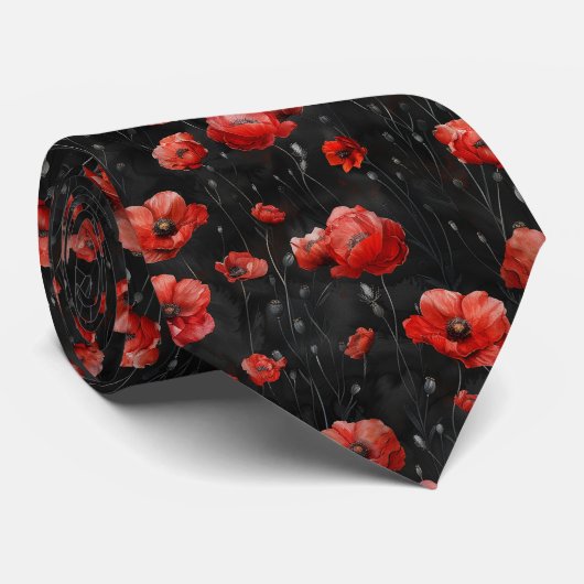 黒の背景に赤いポピー ネクタイ (ロール)