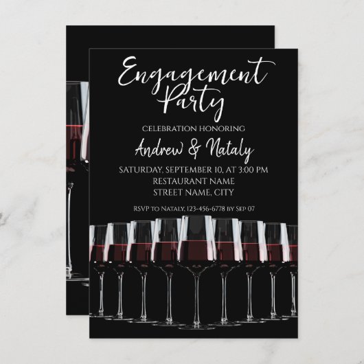 黒の背景に赤ワインを並べたワイングラスの列 招待状 (正面/裏面)