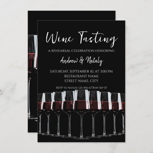 黒の背景に赤ワインを入れたワイングラスの列 招待状 (正面/裏面)