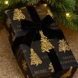  黒の背景に金のクリスマスツリーと雪の結晶  ラッピングペーパー