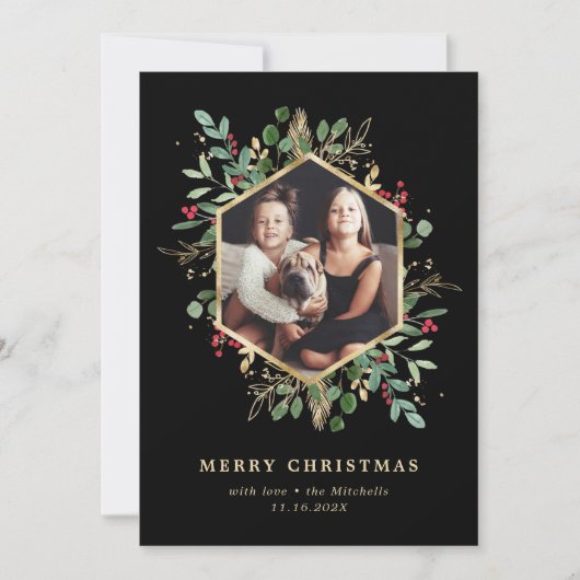 黒の背景に金箔の幾何学的な緑のクリスマスの写真 シーズンカード (正面)