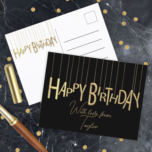 黒の背景に金色の美しい文字 お誕生日おめでとう ポストカード