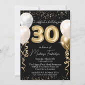 黒の背景に金色の30歳の誕生日バルーン 招待状 (正面)