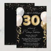 黒の背景に金色の30歳の誕生日バルーン 招待状 (正面/裏面)