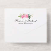 黒の背景に鮮やかなピンクの花をあしらったエレガントなウェディングスタイル オールインワン招待状 (裏面)
