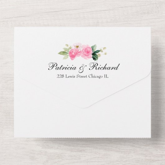 黒の背景に鮮やかなピンクの花をあしらったエレガントなウェディングスタイル オールインワン招待状 (裏面)