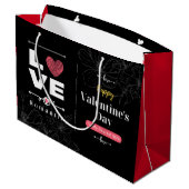 黒の背景フェミニンハッピーバレンタインデー ラージペーパーバッグ (裏面アングル)