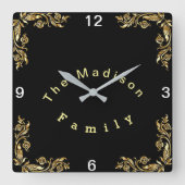 黒の背景金ゴールドフローラの個人用設縁ど定 スクエア壁時計 (正面)