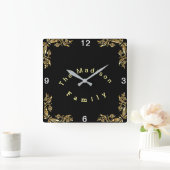 黒の背景金ゴールドフローラの個人用設縁ど定 スクエア壁時計 (ホーム)
