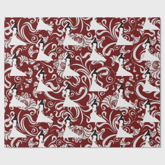 黒の花嫁シルエットレッドダマスクウェディング ラッピングペーパー (フラット)