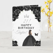 黒の花柄のブラウンヘアの少女 誕生日おめでとう カード (黄色い花)