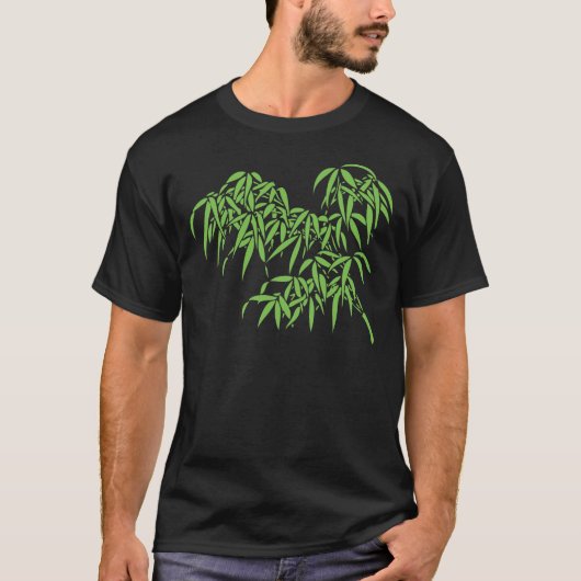 黒の薄緑のタケの葉 Tシャツ (正面)