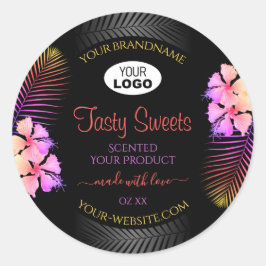 黒の製品ラベル カラフルなハワイアンの花 ロゴ ラウンドシール