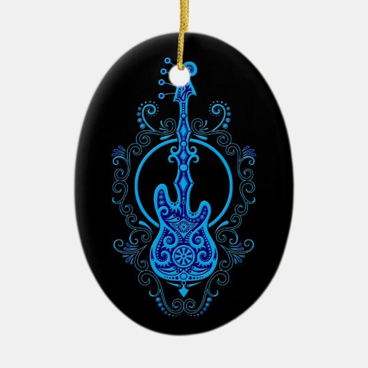 黒の複雑で青いベースギターのデザイン セラミックオーナメント (正面)